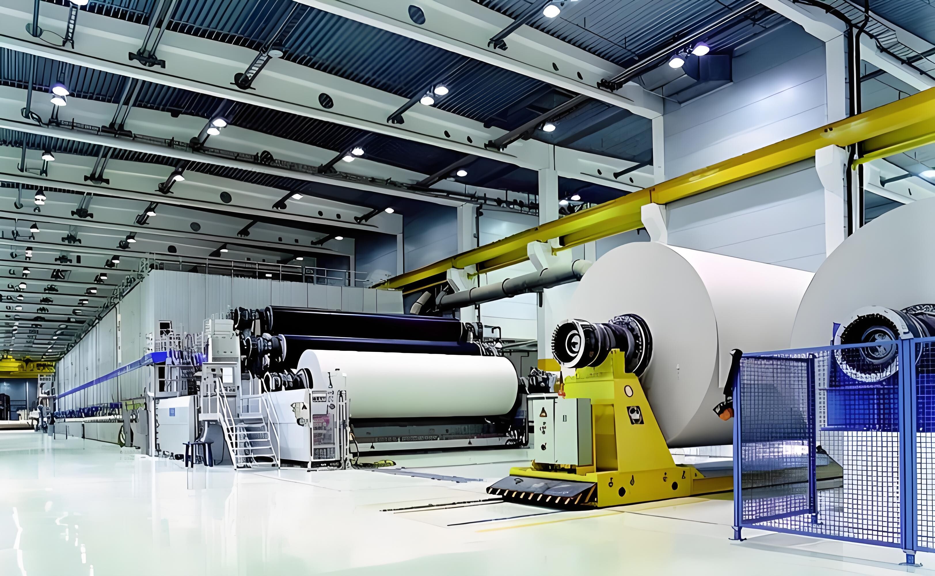 Large industrial paper rolls arranged in a warehouse